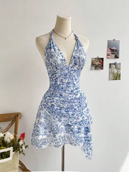 Women Summer Blue Floral Mesh Dress, V Neck Sexy Elegant Sweet Slim Fit Casual Party Dress