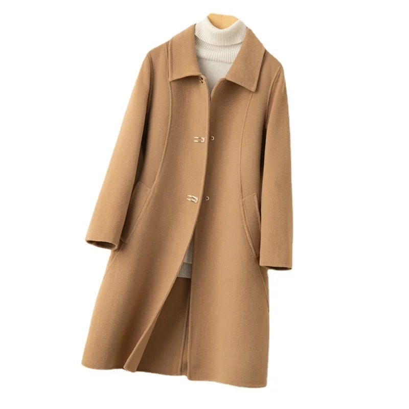 

Women's New Arrival Sided Fashion Double Medium Long Autumn and Winter High-end Hepburn Style Slim Knee Wool Coat Size S M L XL