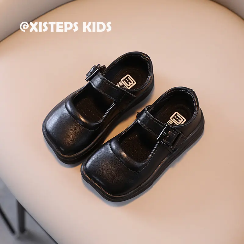 

XISTEPS Elegant Pure Black Leather Dress Shoes for Kids Girls 2023 New Baby Girl Dress Shoes High Quality Mary Jane Shoes