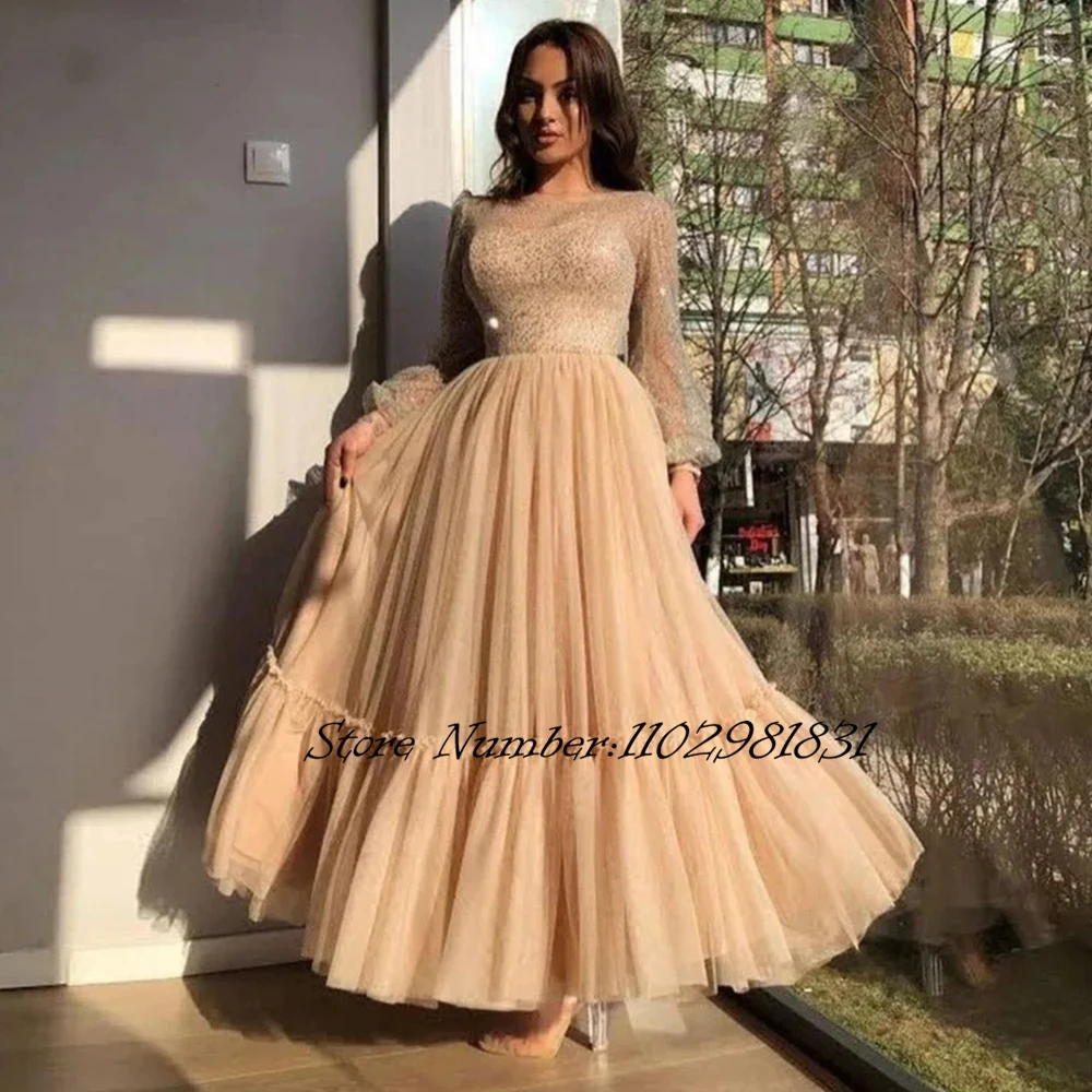 

Shinny Champagne Prom Dresses 2024 Simple Tulle O Neck Long Sleeves Ankle Length Party Gowns Formal Women Evening Outfits