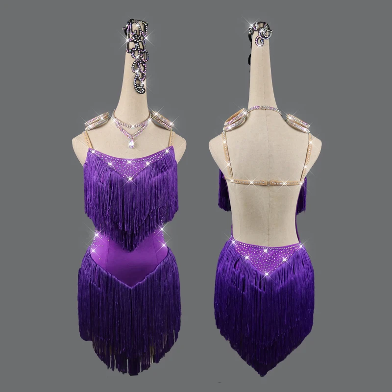 Dance Dress Latin Sling fringe Skirt Diamond Competition Clothing Adult Child Professional Performance