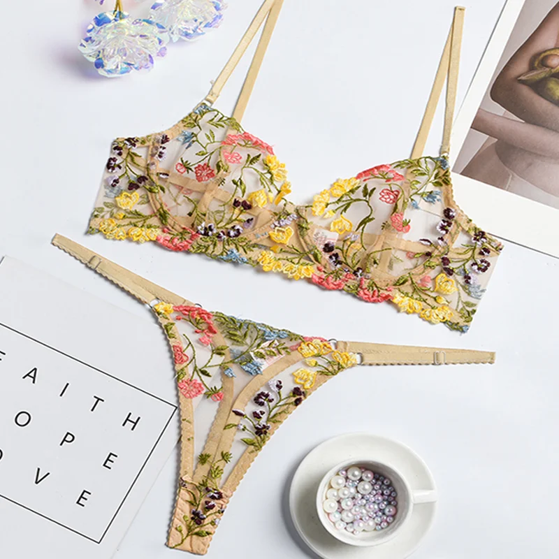 2-Piece Fancy Lace Bra Set Women Floral Embroidery Underwear Set  Transparent Khaki Erotic Lingerie Panty Set - AliExpress