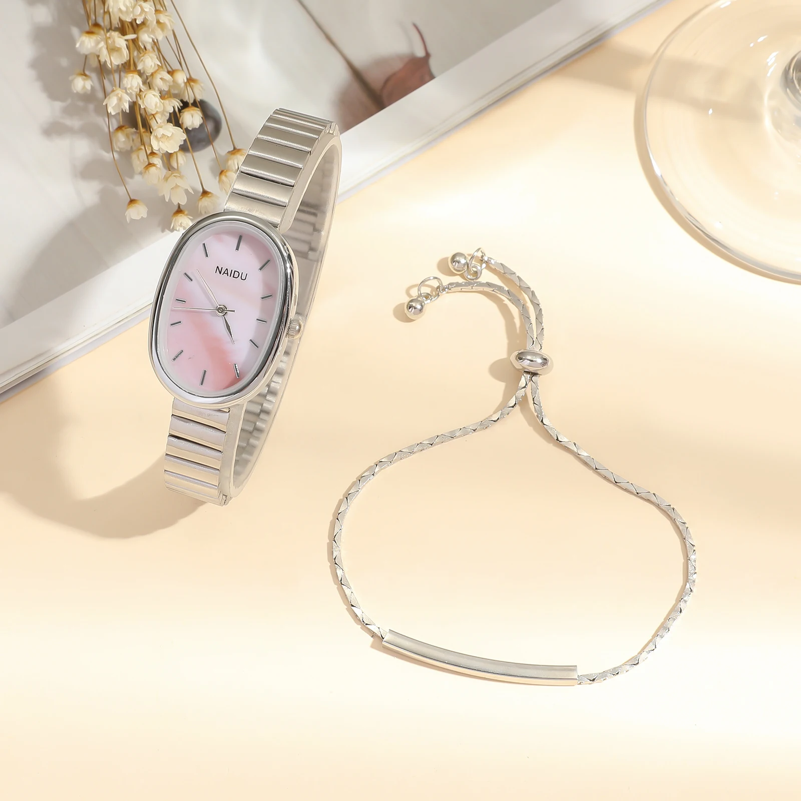 Light luxury fashion bar scale oval dial bamboo style steel strip quartz watch+one letter compact bracelet set 3
