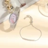 Light luxury fashion bar scale oval dial bamboo style steel strip quartz watch+one letter compact bracelet set 3