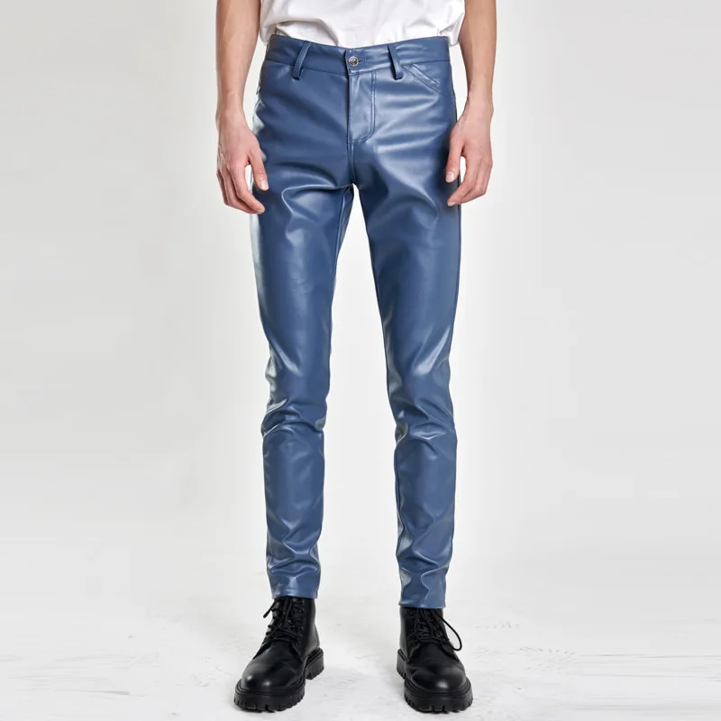 

#2201 Black White Green Blue Orange Leather Pants Men Spring Summer Skinny Men's Faux Leather Pencil Pants Men Thin Plus Size 40