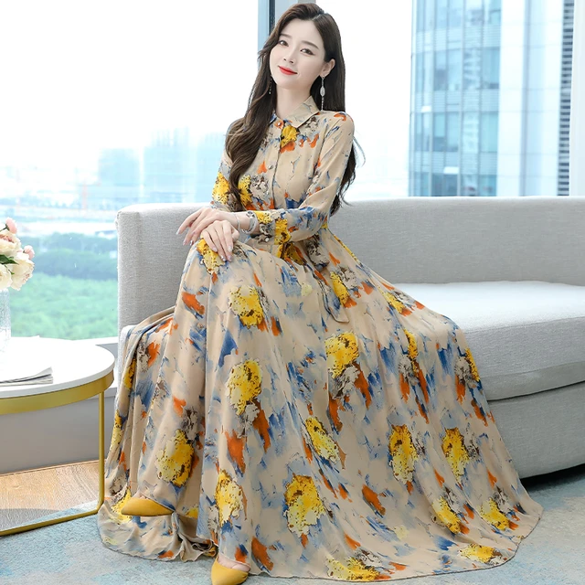 Long Sleeve Chiffon Floral Dress Women Green Bodycon Elegant Casual Beach  Spring 2023 Fashion Bow Maxi Dresses For Party Evening