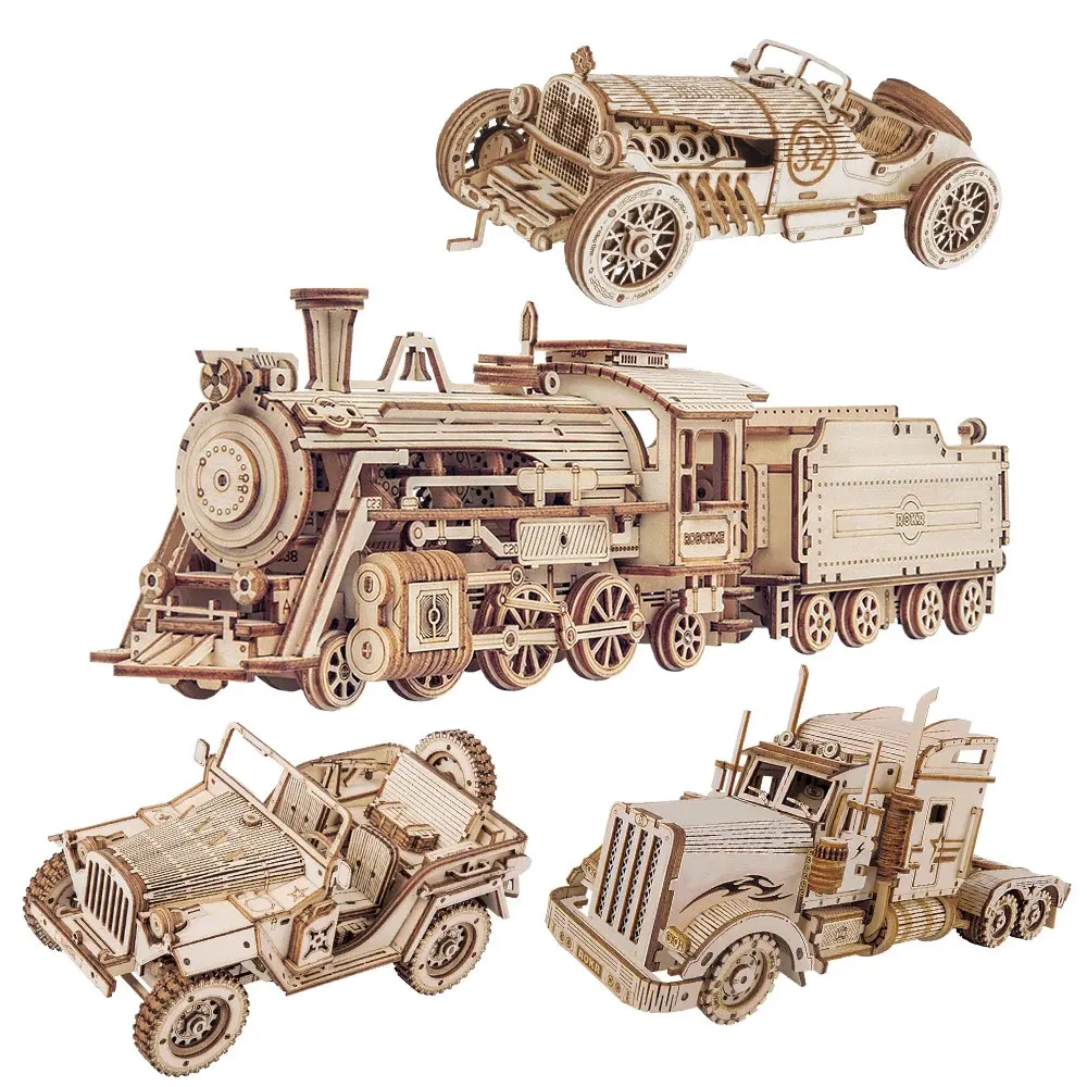 3D Puzzle Movable Steam Train,Car,Jeep Assembly Toy Gift for Children Adult Wooden Model Building Block Kits 6 in 1 diecast steam train locomotive carriage pull back model education toy