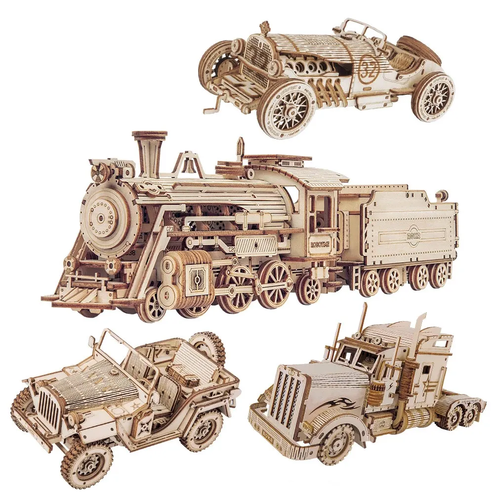 Building Block Toys 3D Puzzle Movable Steam Train Car Jeep Assembly Toy Gift for Children Adult Wooden Model Building Block Kits