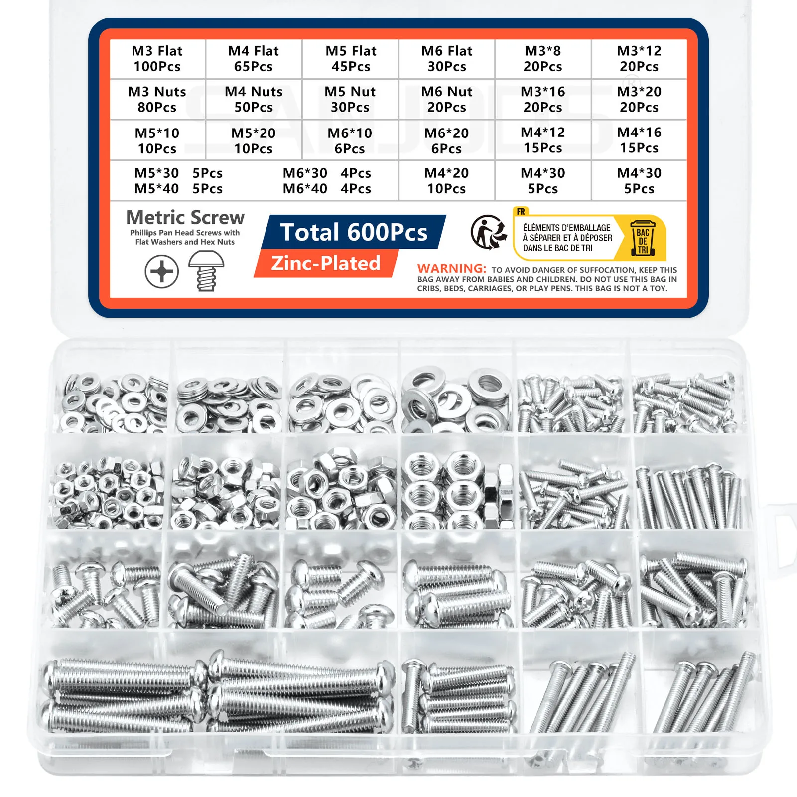 Screw and Nut Kit 600Pcs Screws Bolts and Nuts Assortment Metric Machine Screws and Flat Washers M3 M4 M5 M6 Phillips Pan Head Sets-16 Sizes