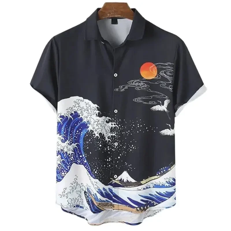 thumbnail image 1 of Camisa hawaiana de manga corta con estampado 3D de olas para hombre, informal, versátil, retro, minimalista, con solapa y botones para vacaciones en la playa, 1 of 4