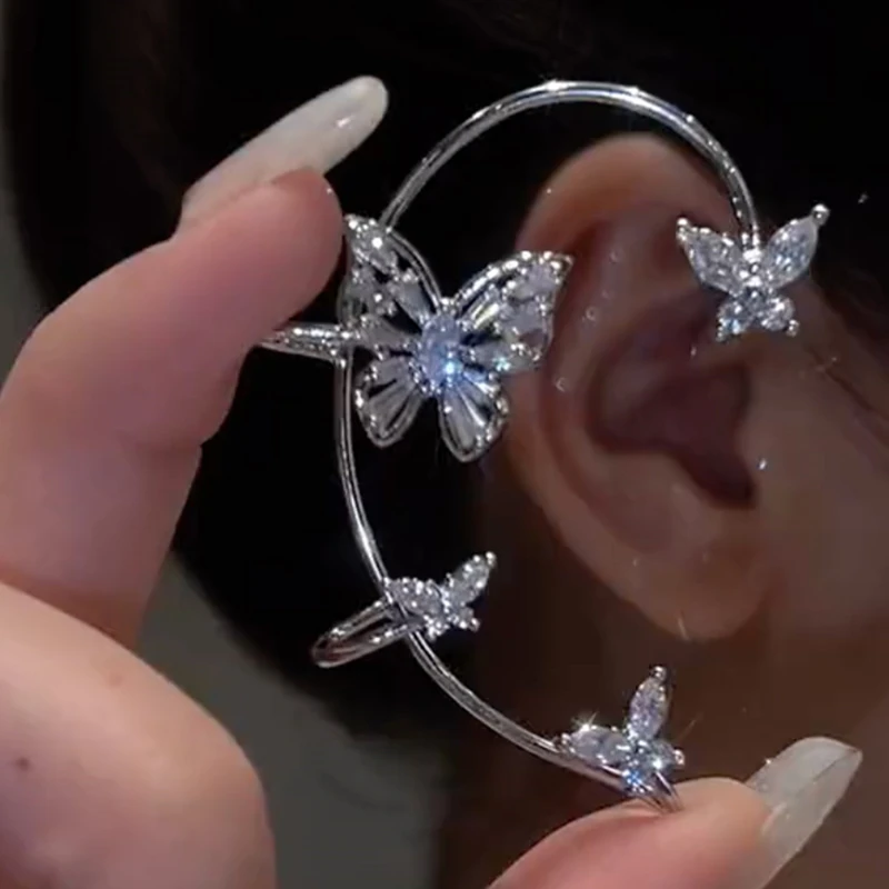 Butterfly Feather Ear Clips Without Piercing For Women Sparkling Zircon Ear Cuff Clip Earrings Wedding Jewelry
