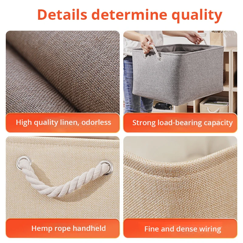 1Pc Beige/Grey Folding Storage Basket Linen Storage Fabric Wardrobe Office Bedroom Closet Toys Laundry Basket With Handle 5