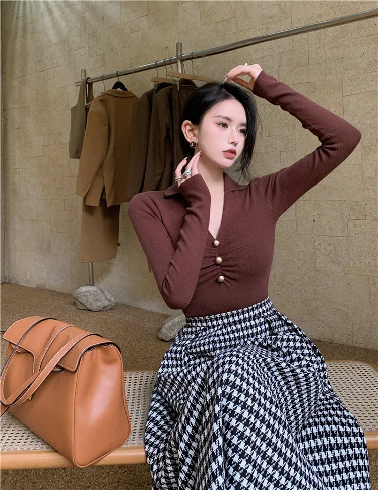 Spring Vintage Knitted Sweater Pullover Basic V Neck Long Sleeve Slim Fit T-shirt Female Autumn Jumpers Top Y2K Women Clothes cardigan for women