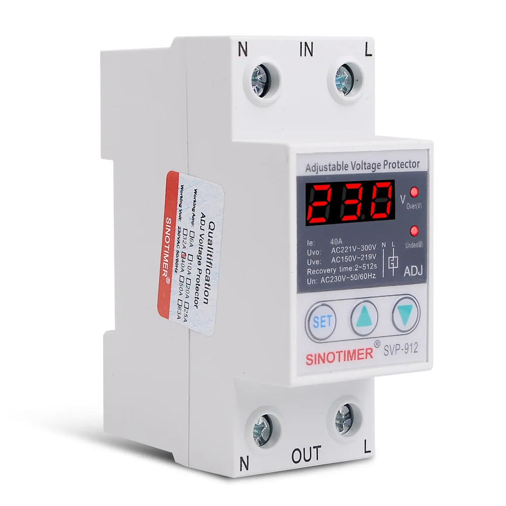 

SVP-912 40A 63A 80A 220V Adjustable Recovery Reconnect Over and Under Voltage Protective Device Protector Relay Din Rail Install