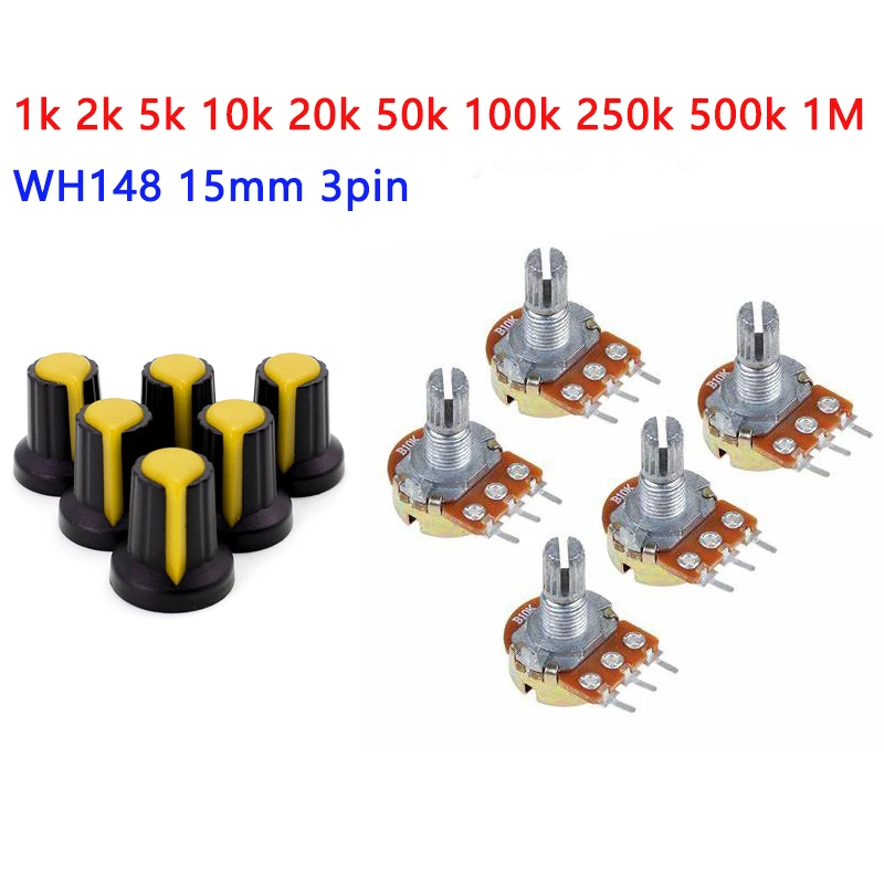 5 Set WH148 Potentiometer 1K 10K 20K 50K 100K 250K 500K 15MM 3Pin Linear Taper Rotary Potentiometer Resistor with AG2 Yellow Cap adjustable resistor linear potentiometer rotary potentiometer potentiometer kit