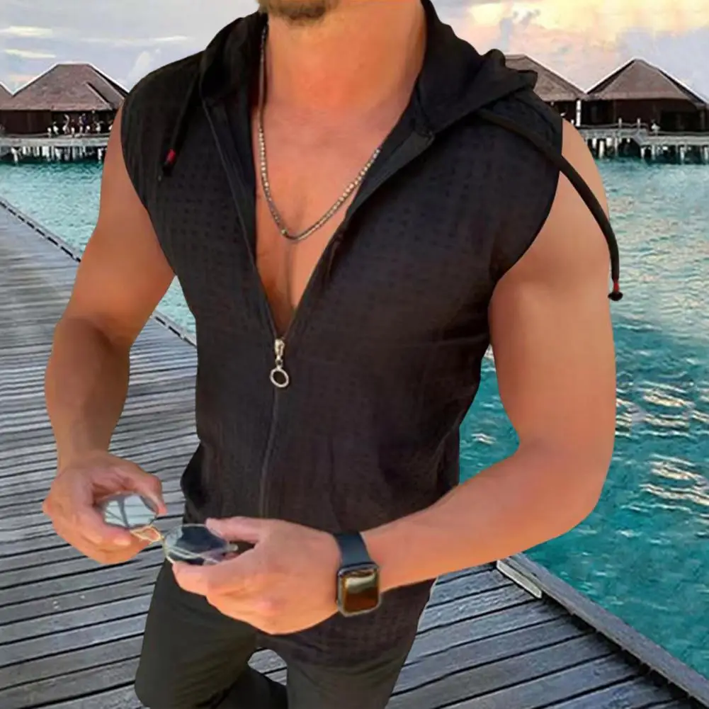 Description Picture 2 of itemFashion Sweatshirt Vest Plaid Stitching Moisture Wicking 3D Cutting Summer Sport Sleeveless Hooded Sweatshirt
