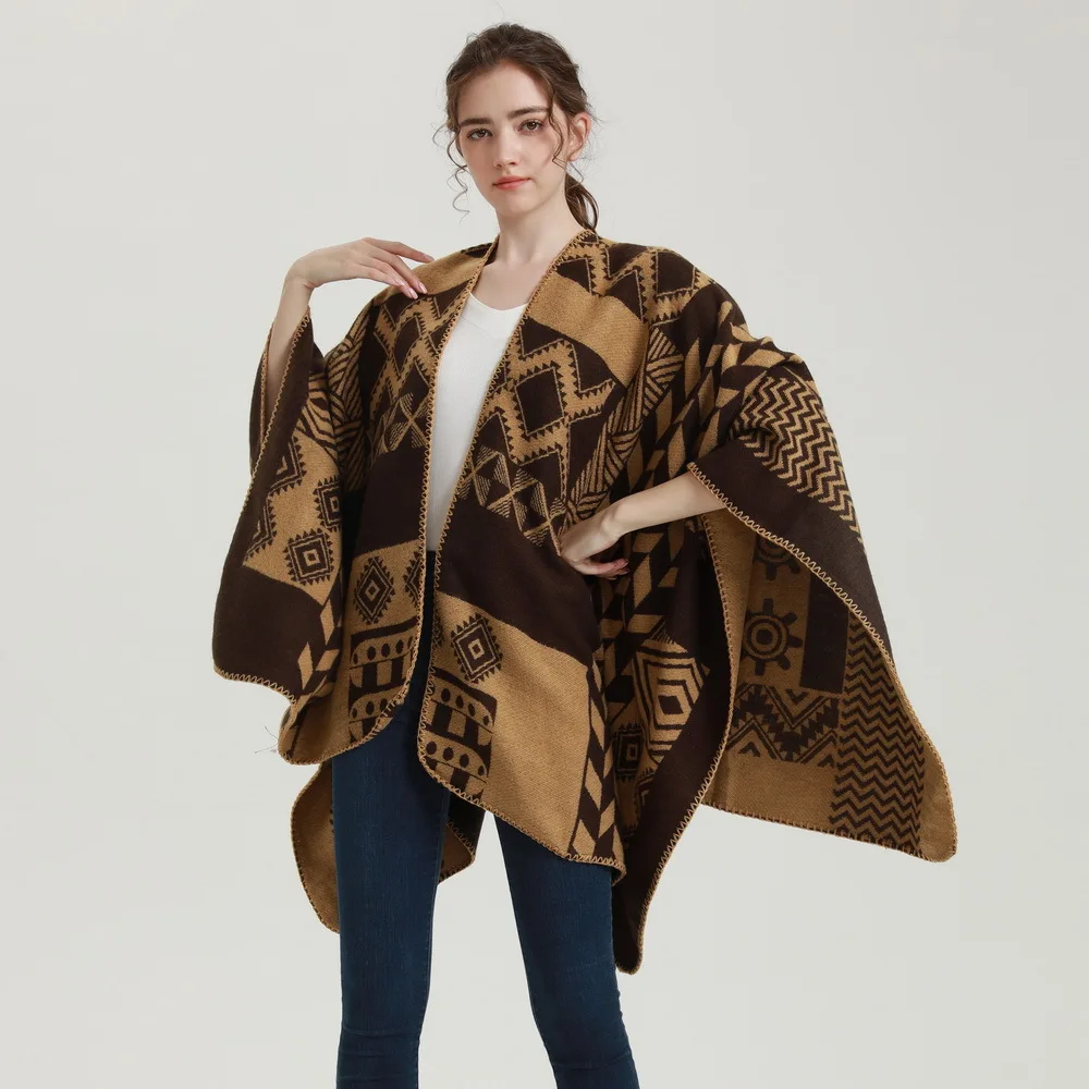 

Fashion Imitation Cashmere Women Vintage Floral Print Poncho Scarf Winter Warm Shawl Wrap Female Knit Split Soft Thick Blanket