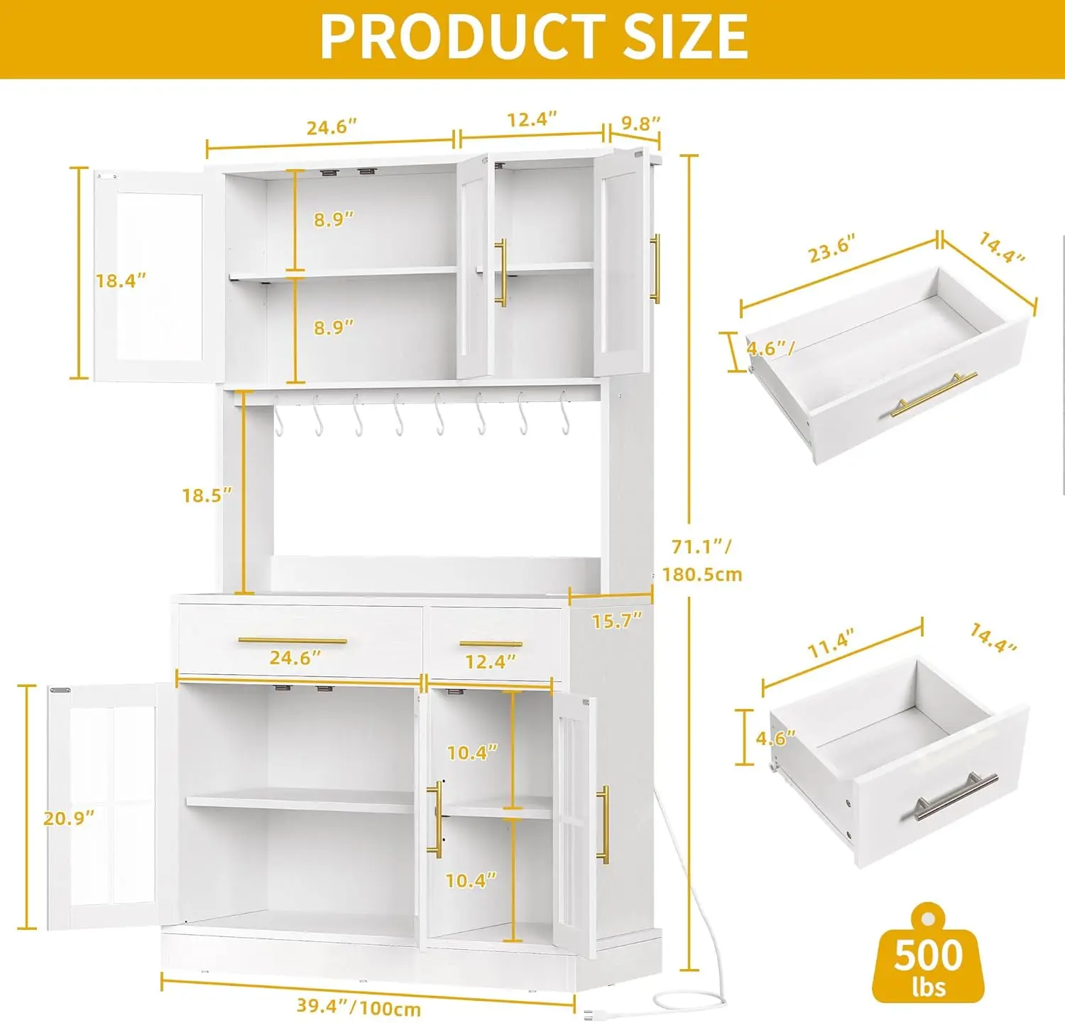 Kitchen Pantry Storage Cabinet with Microwave Stand, 71'' Tall Kitchen Hutch Cabinet with Power Outlet, Modern Food