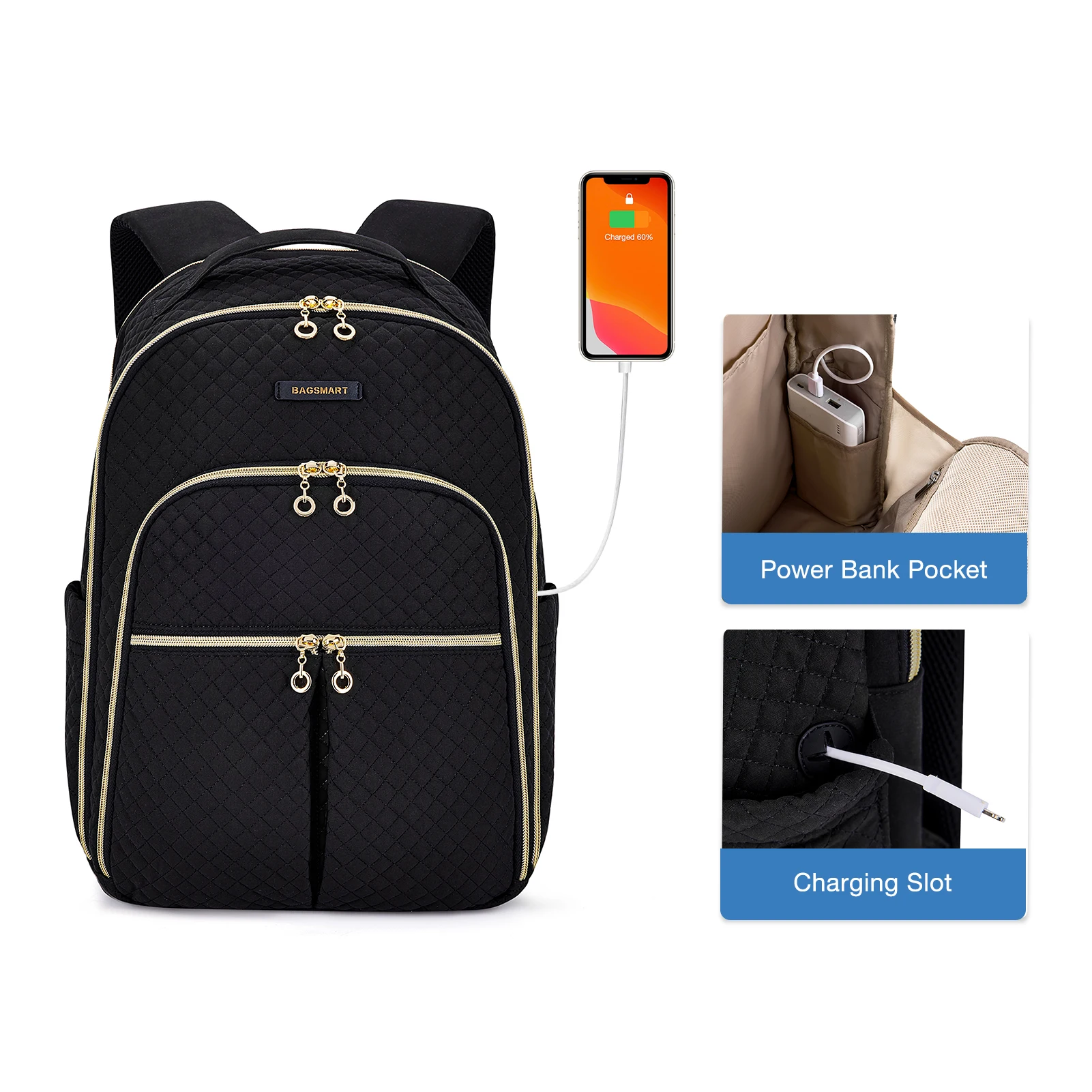 Women's Quilted Laptop Backpack With USB Port – Travel, College, Work Backpack For Women, 15.6 Inch, Water-Resistant