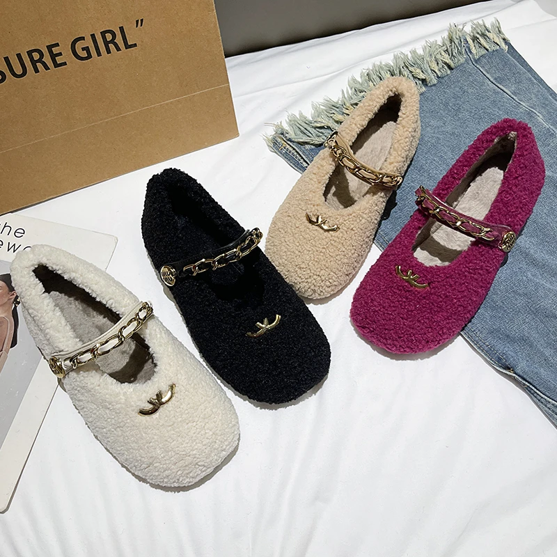 Aphixta Metal Chain Dec Slip On Flats Soft Fleeces Shoe Shallow Furry Flat With Women Loafers  Slip On Warm Winter Casual Shoes