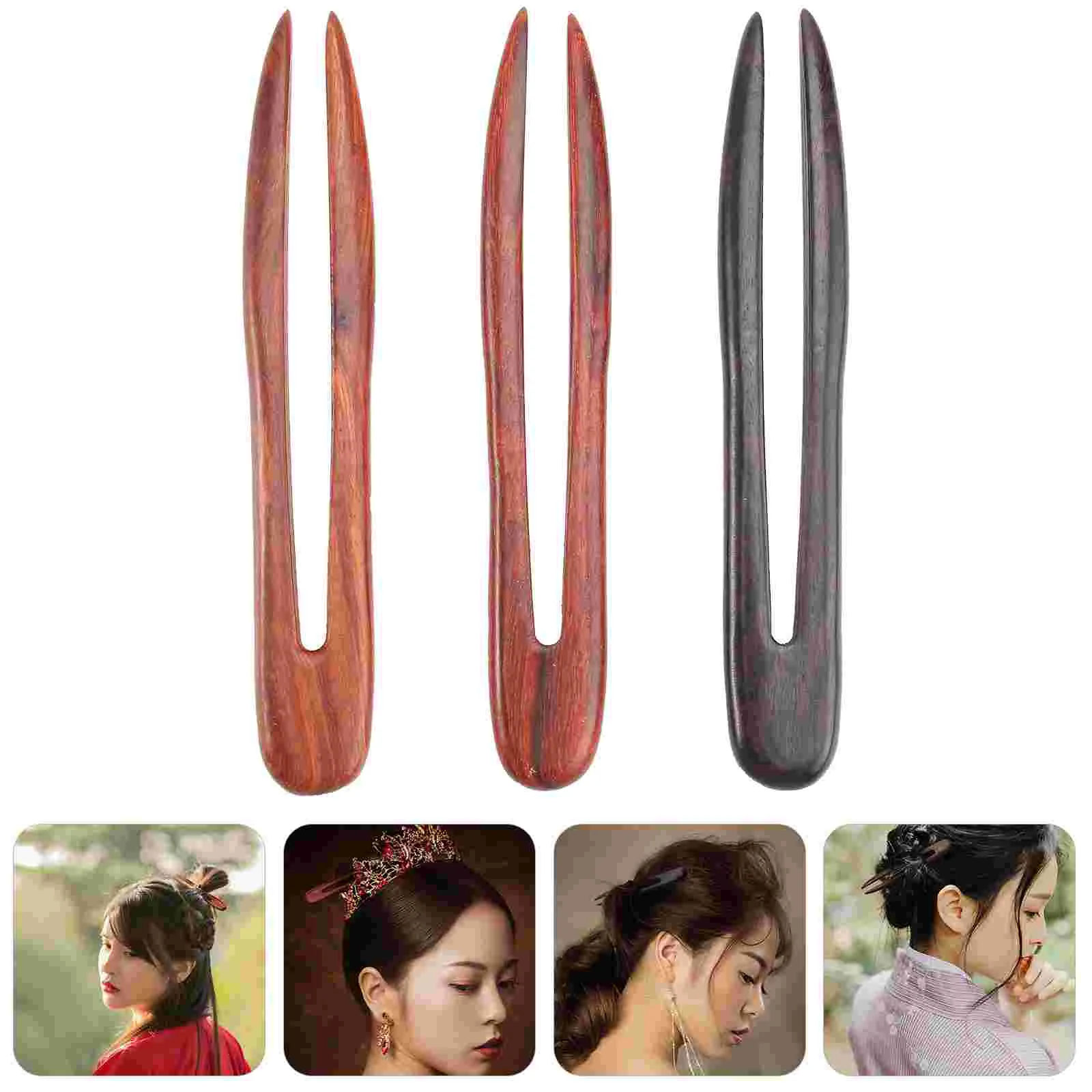 3 Pcs Hair Barrettes U Hairpin Hair Barrettesative Shape Hanfu Retro Wood Bamboo Women's