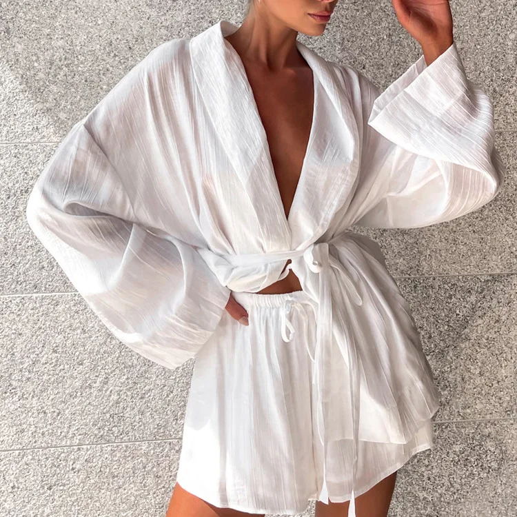 White Lace-Up 2 Piece-Set Shorts For Women Casual Loose Bandage Cardigan Coat And High Waist Shorts Sets Female Outfits