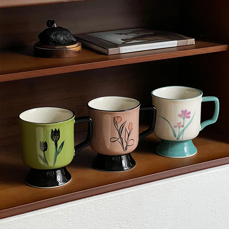 

Hand-painted Tulip Ceramic Cup, Medieval Style Large Capacity Mug, Ceramic CoffeeCup Mugs