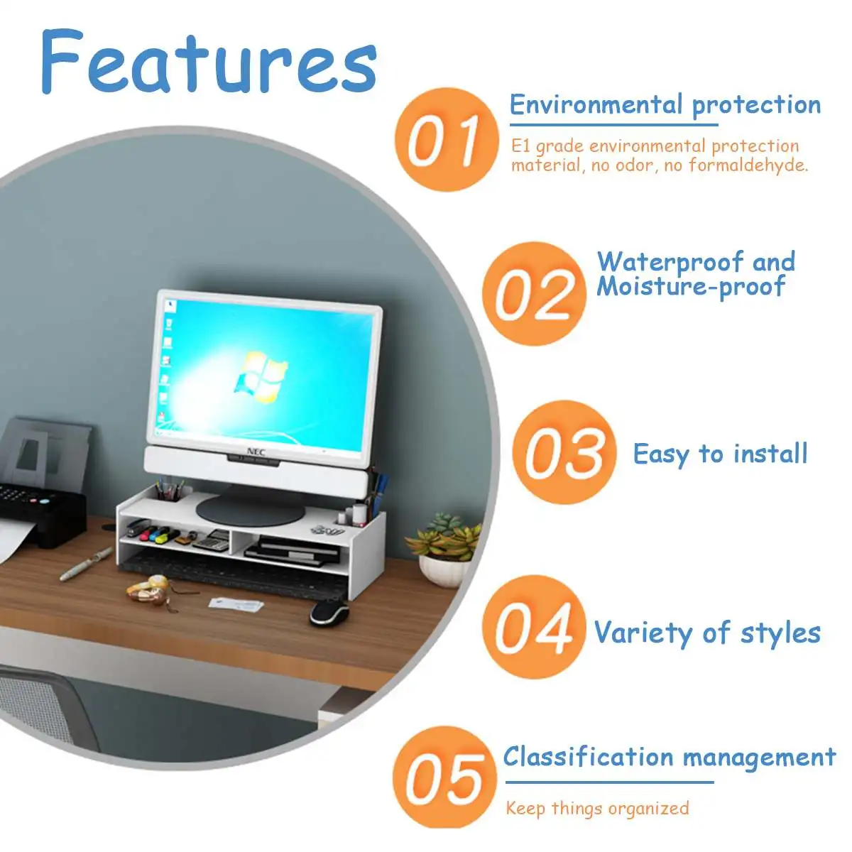 Monitor Laptop Stand PC Computer Support PVC Wood Desktop Shelf Drawers Storage Screen Riser Holder Desk Organizer E