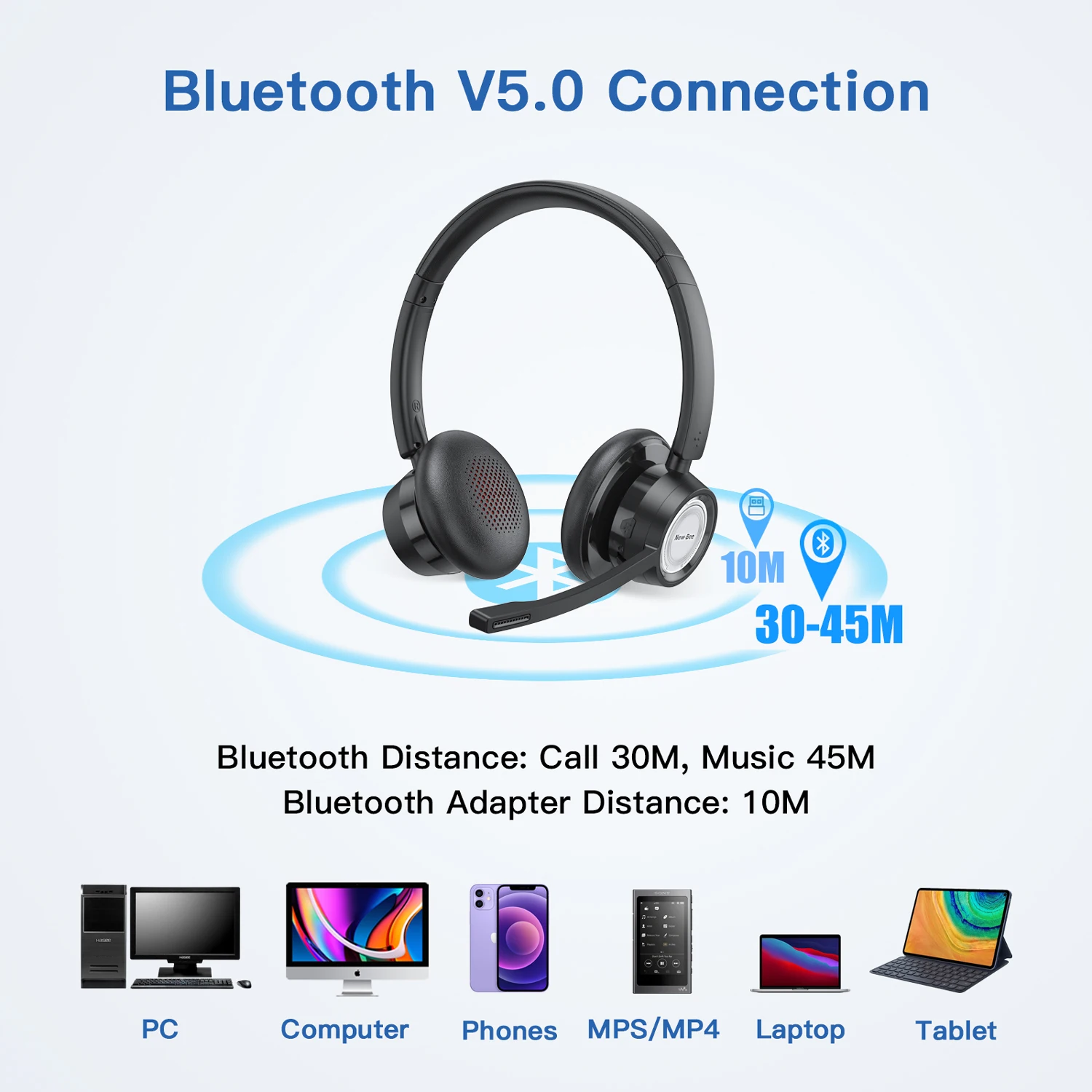 Casque Bluetooth sans fil avec micro, écouteur léger pliable pour