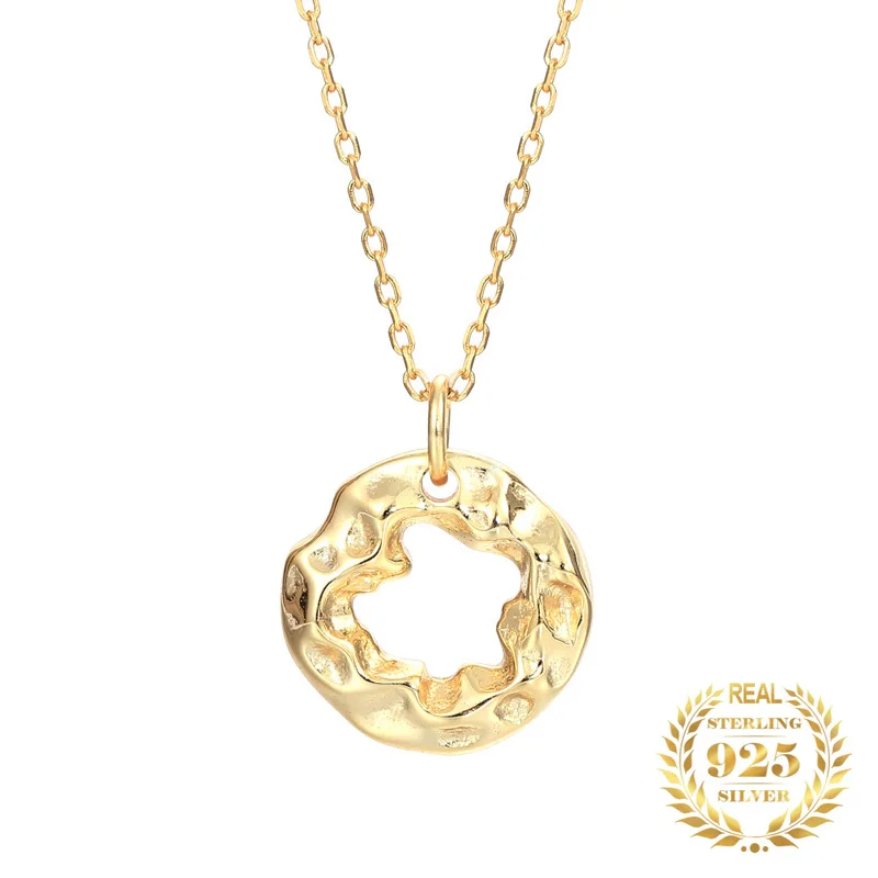 

Women Fashion Jewelry 925 Sterling Silver Necklace Irregular Surface 18K Gold Plated Hollow Circle Pendant Necklace Women 2022