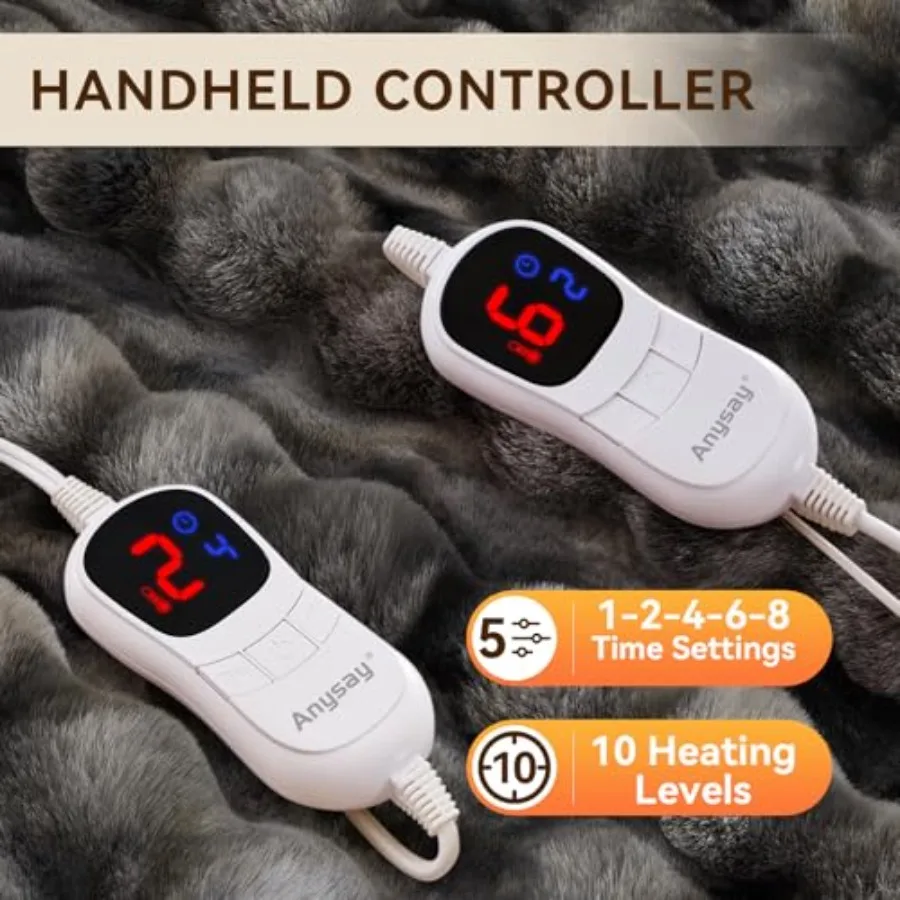 Heated Blanket Throw with 1 2 4 6 8 Hours AutoOff Feature 10 Adjustable Heat Levels 90'' x 100'' Cozy Faux Rabbit Fur Texture E