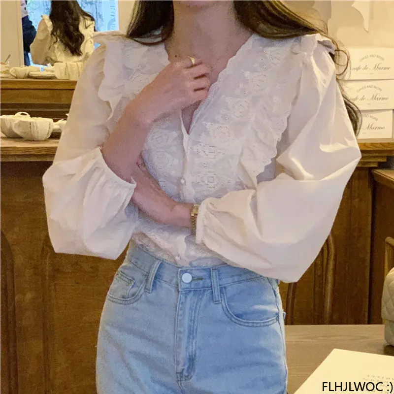 

Женская блузка с длинным рукавом, однотонная белая рубашка с оборками, весна-осень 2023