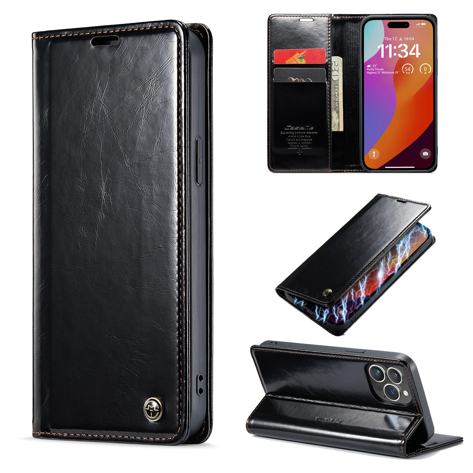 

CaseMe Leather Magnetic Closure Card Holder Wallet Case, Flip Kickstand Phone Cover For iPhone 15 Pro Max, 14, 13, 12, 11, XR, X