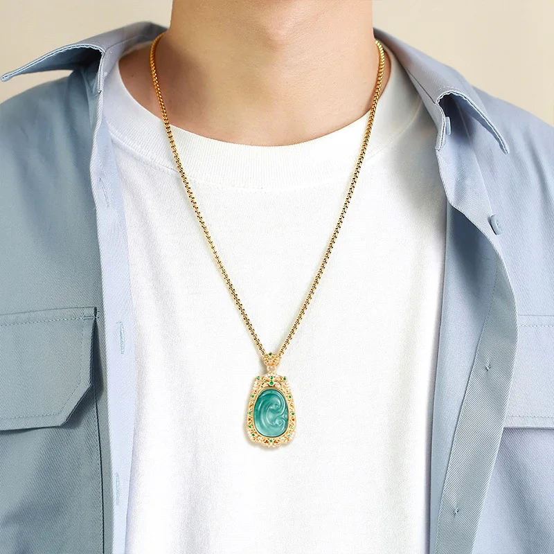 Natural A-grade Jade Blue Water Ruyi Copper Plated Gold Inlaid Ice Jadeite Pendant Women's Gifts Charms Jewelry Drop Shipping