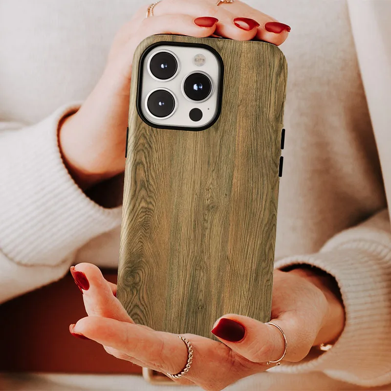Wood Grain Pattern Shockproof Phone Case with 2-in-1 Film Shell Cover