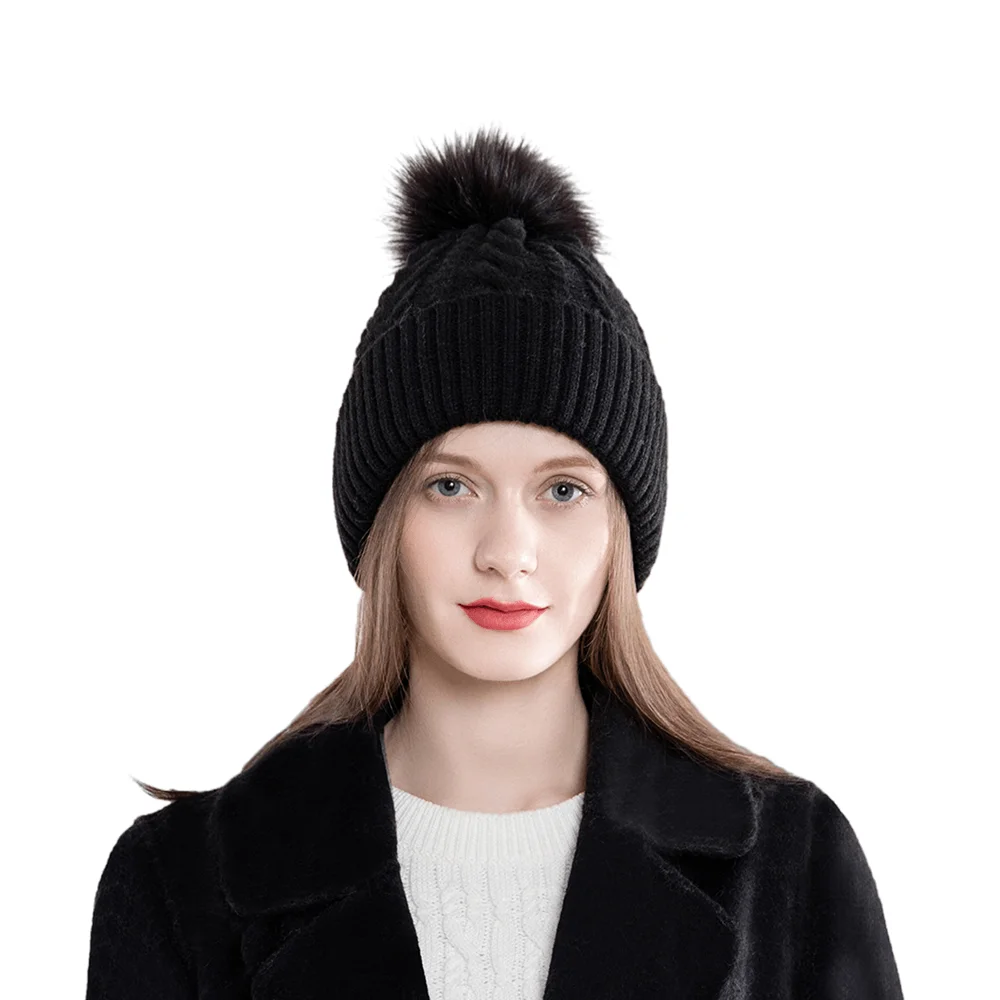 

Cable Wool Ball Beanie Skullies Hat Women Outdoor Winter Knitted Bonnet Beanie Caps Fmale New Acrylic Flanging Wool Warm Hats