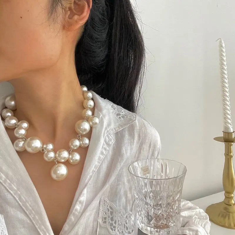 Se850438000a3480fa5ea5e30241e2394Q Elegant Imitation Pearl Women's Necklace Big Pearls Beads Choker Necklaces Party Wedding Bride Necklace Jewelry Girls Gifts Mallzona