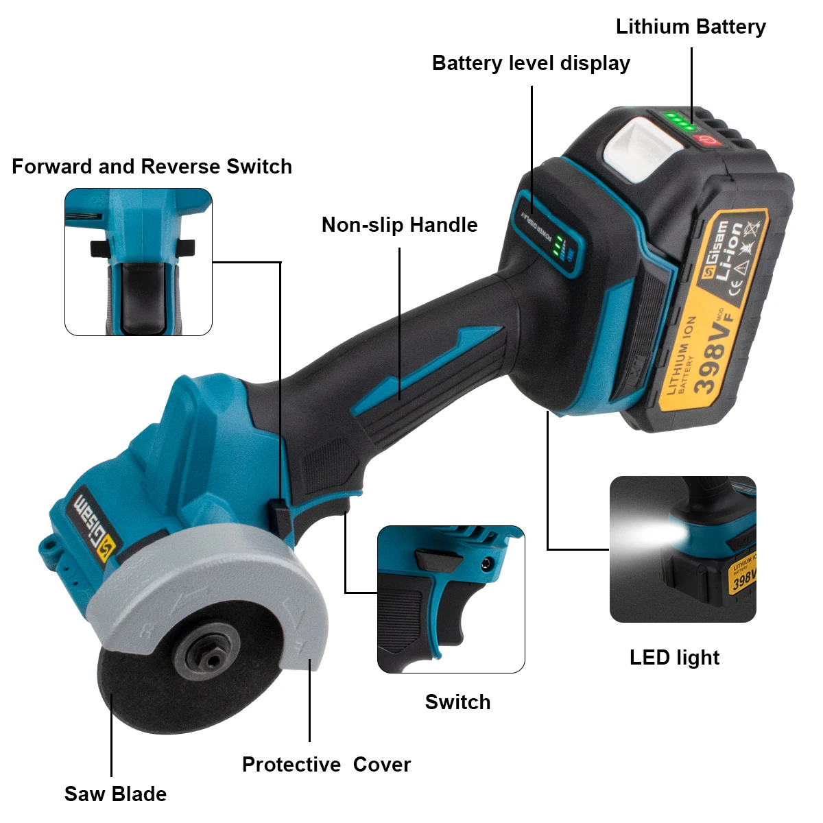 Gisam 76mm Brushless Angle Grinder Grinding Cutting Machine Cordless Electric Angle Grinder Power Tools for Makita 18V Battery 4