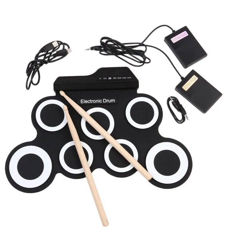 

Foldable Electronic Hand Roll Drum USB Percussion Instrument Set Silicone Electric Drum Pad Kit with DrumSticks Foot Pedal