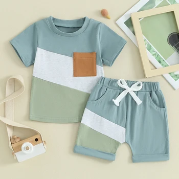 2024-01-30 Lioraitiin Toddler Boys Shorts Set Contrast Color Short Sleeve T-shirt with Elastic Waist Shorts Set Summer Outfit 2