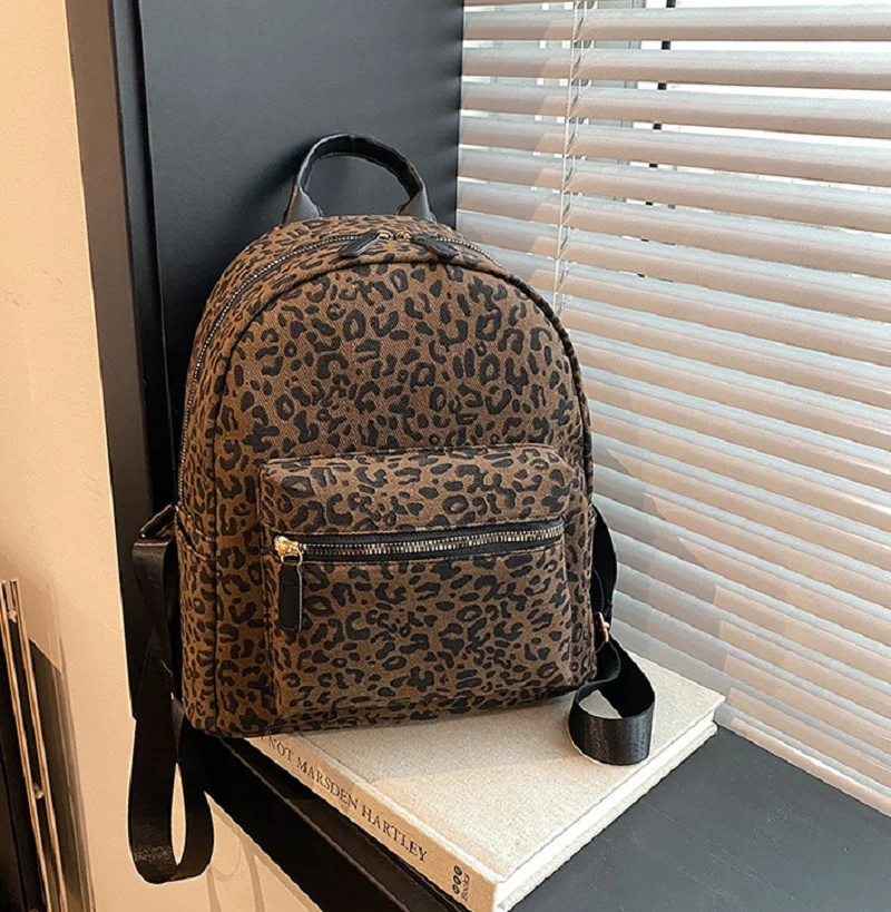 New Women's Korean Fashion Leopard Canvas Backpacks Large Capacity Casual Travel Shoulder Bags Totes School Bag Knapsack 2