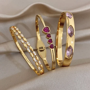 Bracciali a Polsino da Donna con Occhio Ovale e Cuore, Zirconia Cubica Rosa, Doppia Catena in Rame, Piccoli Strass Incastonati, Gioielli Raffinati