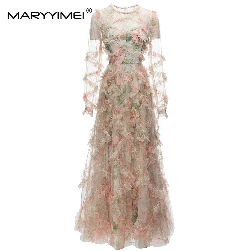 

MARYYIMEI Новое Осеннее модное элегантное платье с рукавами-фонариками и оборками, сетчатые праздничные облегающие длинные платья