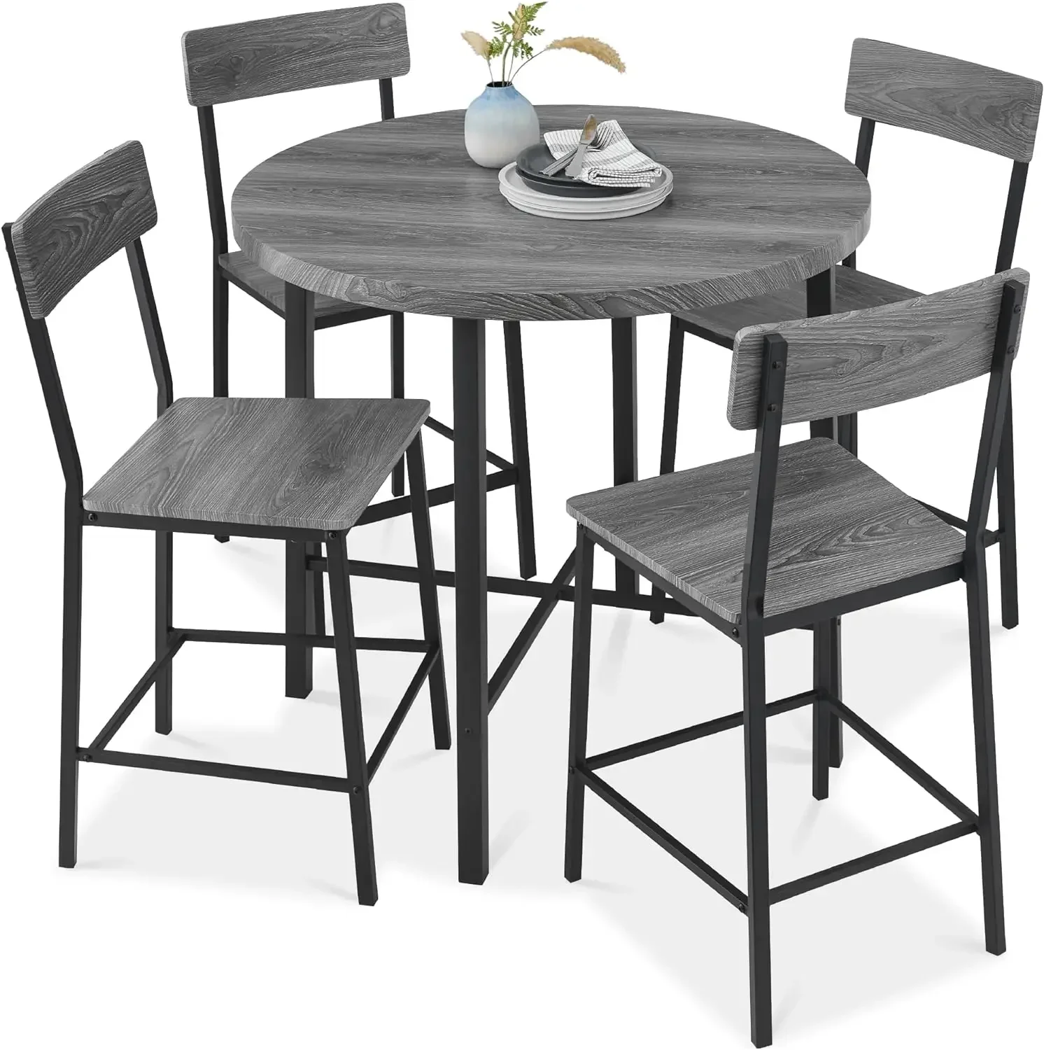 

5-Piece Modern Round Counter Height Dining Set for Home Kitchen, Dinner Table Dining Room W/ 4 Chairs, 1.5in Thick Table