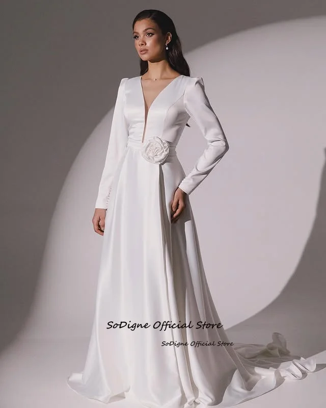 SoDigne A-line Elegant Wedding Dresses V-neck Full Sleeves Stain Bridal Dress Long Bridal Gown vestidos de novia 2025 Customized 16 Se85100eeb1b54c72940ae0977740948cD