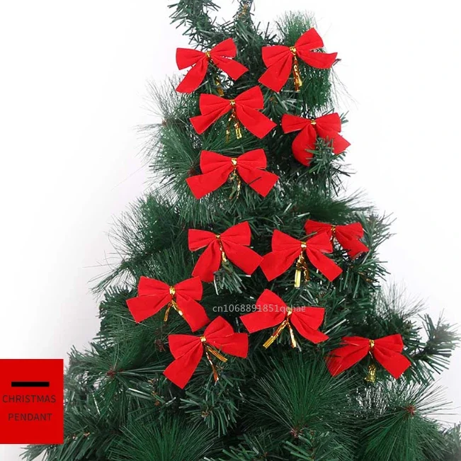 36/12PCS Mini Christmas Bow Red Glitter Ribbons Bow Xmas Tree Hanging Pendant Ornament 2024 Navidad New Year Party DIY Gifts