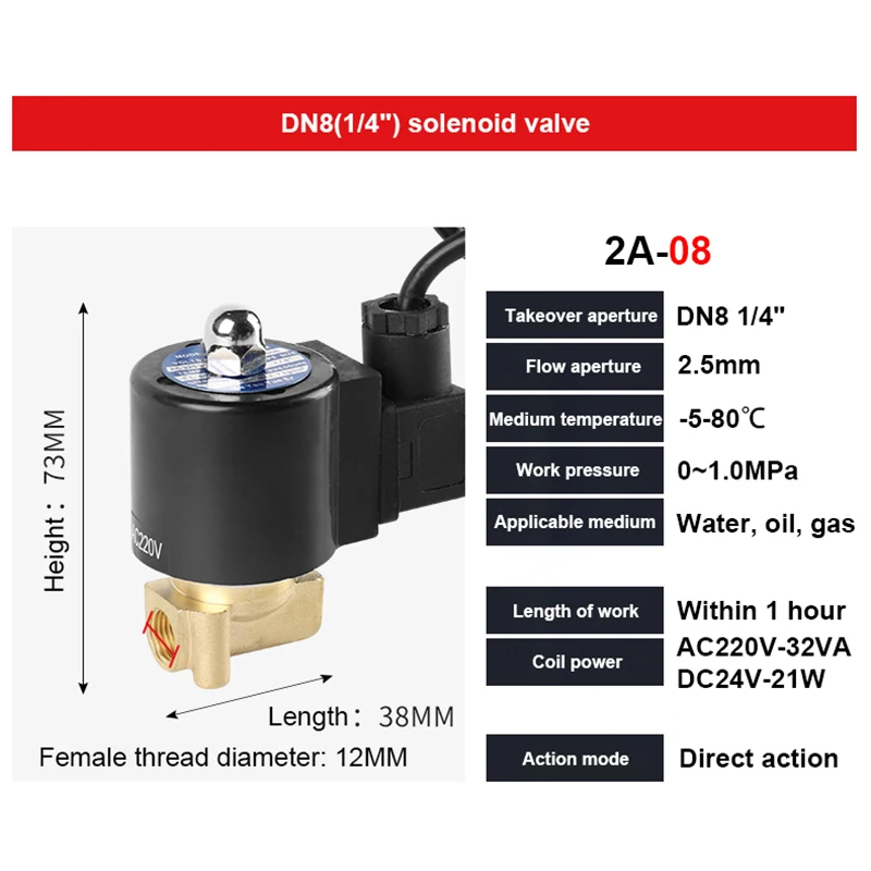 

1/4" Underwater Fountain Solenoid Valve Brass Normally Closed Control Valves AC220V DC24V DC12V IP68 Waterproof Rating