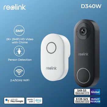 Reolink 2K + 비디오 초인종 와이파이 및 PoE 스마트 야외 홈 비디오 인터콤, 사람 감지 유선 도어벨, 차임 포함, 알렉사 지원