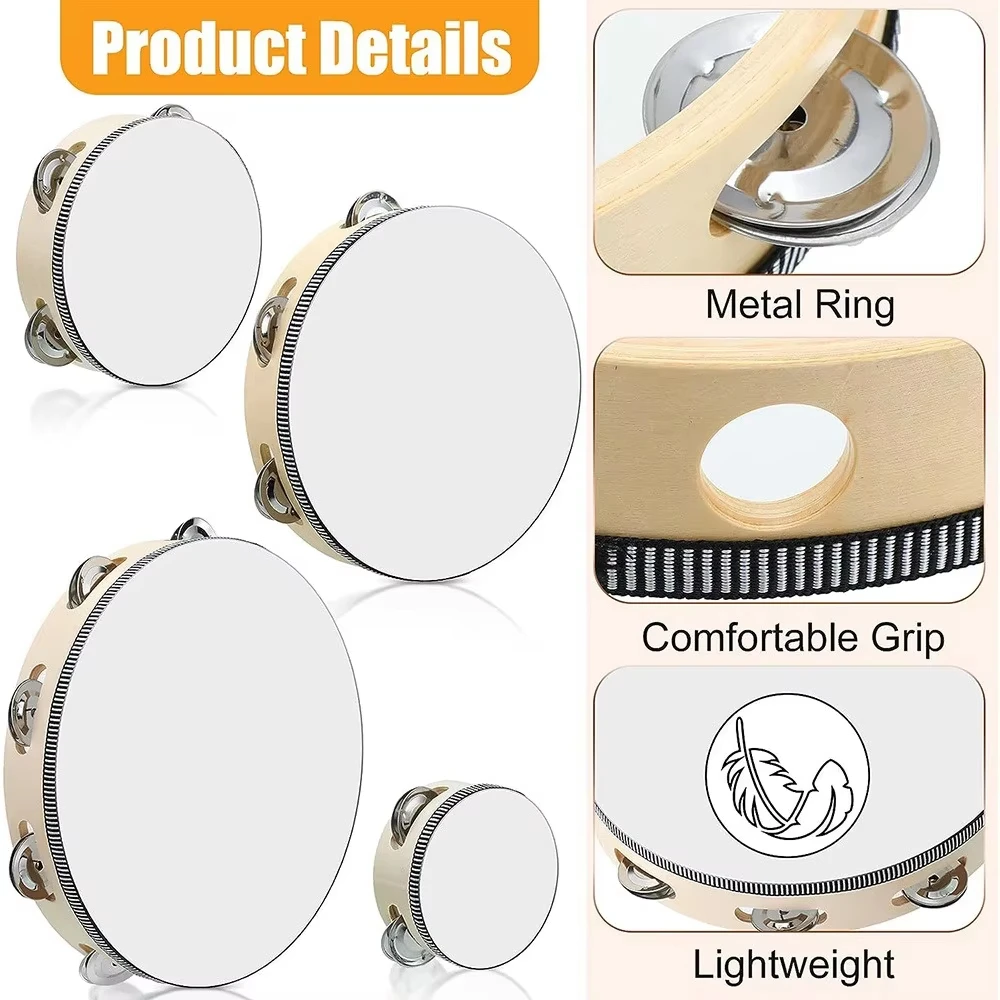 1Pcs Wooden Tambourine 4/6/8/10-Inch White Rim with Metal Jingles Musical Percussion Instrument for Concert Church Party hand tambourine