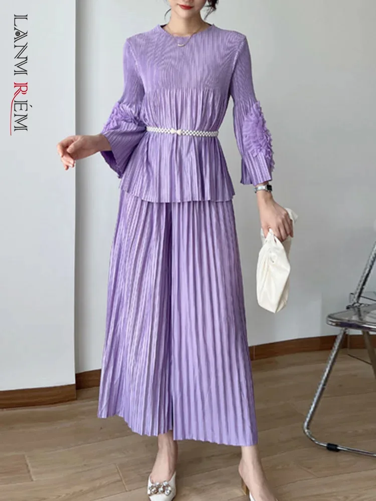 

LANMREM Fashion Pleated 2 Pieces Set Women Solid Round Neck Floral Tops High Waist Wide Leg Pants 2023 Autumn New 2AA1156
